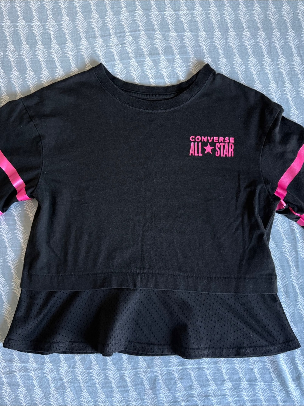 Converse All Star Girls Black Boxy Tee with Hot Pink Logo Stripes and Mesh Trim